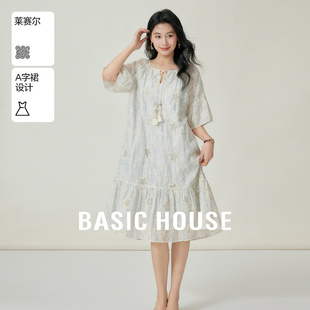 Basic House/百家好天丝提花连衣裙夏季拼接星星图案中长款裙子女
