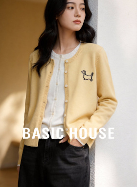 Basic House/百家好假两件针织开衫女奶黄色小狗刺绣软糯圆领外套