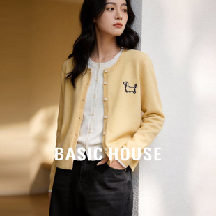 Basic House/百家好假两件针织开衫女奶黄色小狗刺绣软糯圆领外套