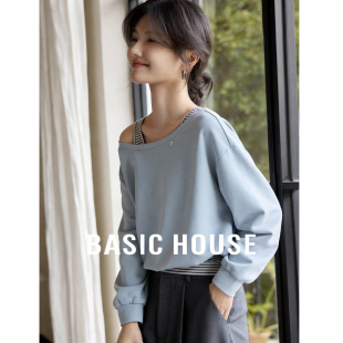 条纹套头上衣 百家好斜肩撞色假两件卫衣女2026春新款 Basic House