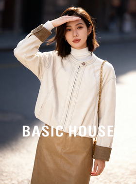 Basic House/百家好圆领短夹克2026春撞色袖口明线装饰设计上衣