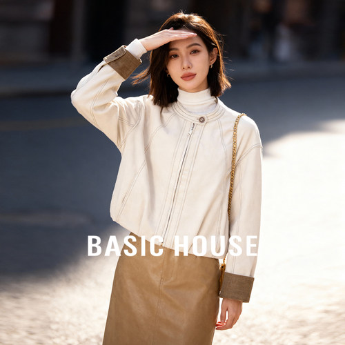 Basic House/百家好圆领短夹克2026春撞色袖口明线装饰设计上衣