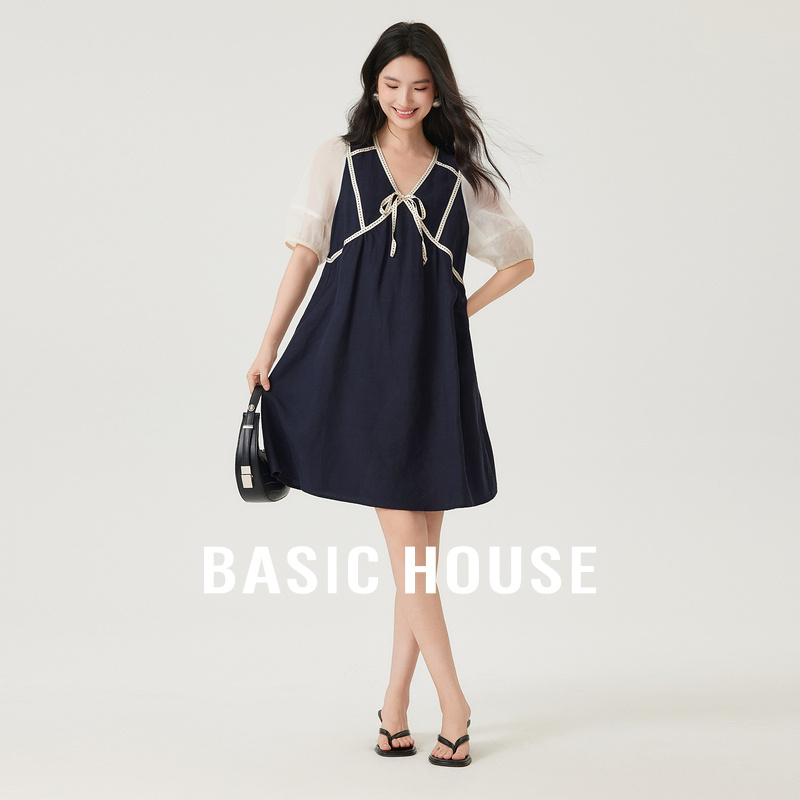 Basic House/百家好莱赛尔撞色连衣裙夏季泡泡袖系带中长款裙子女