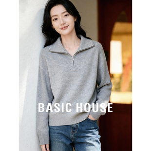 绵羊毛宽松打底毛衫 Basic 春新款 百家好Polo领半拉链羊毛衫 House