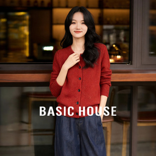 百家好简约绵羊毛针织开衫上衣女冬季新款新年氛围感红色冬装毛衣