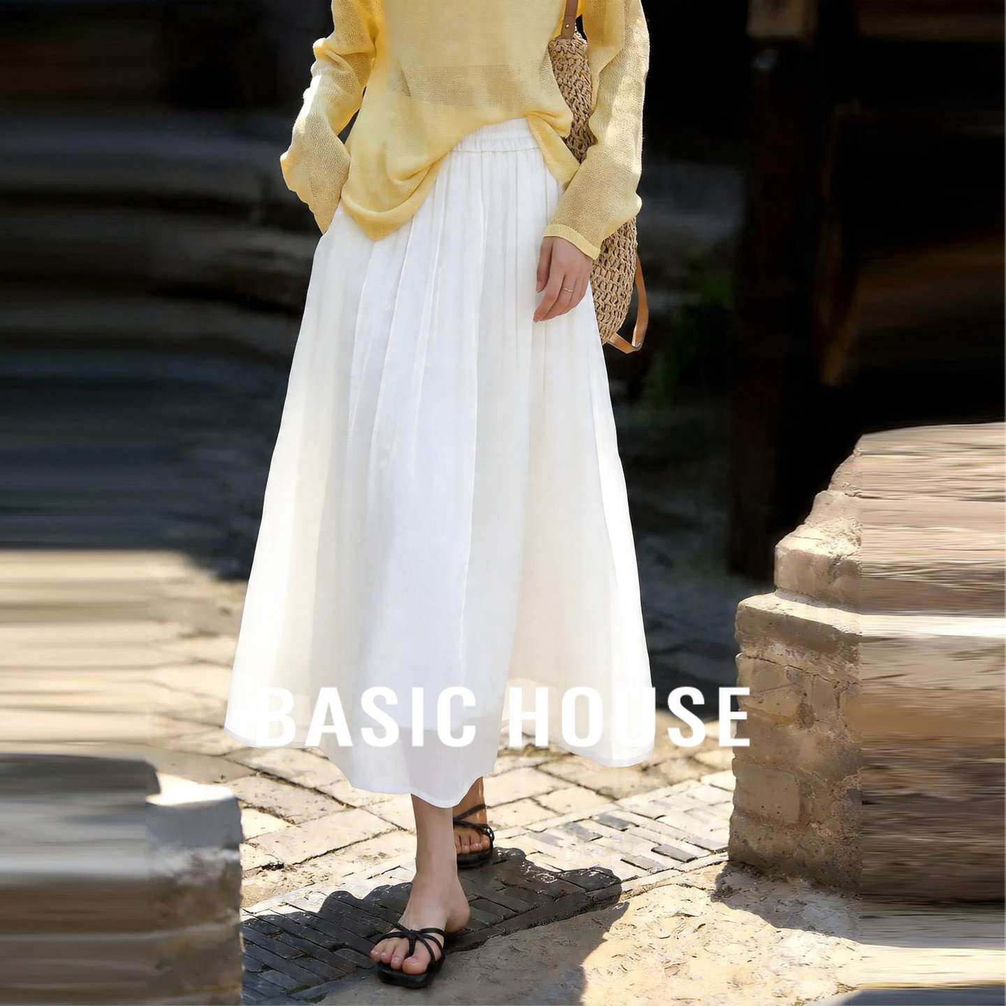 Basic House/百家好白色A字鎏光半身裙女2夏高腰显瘦飘逸百褶长裙