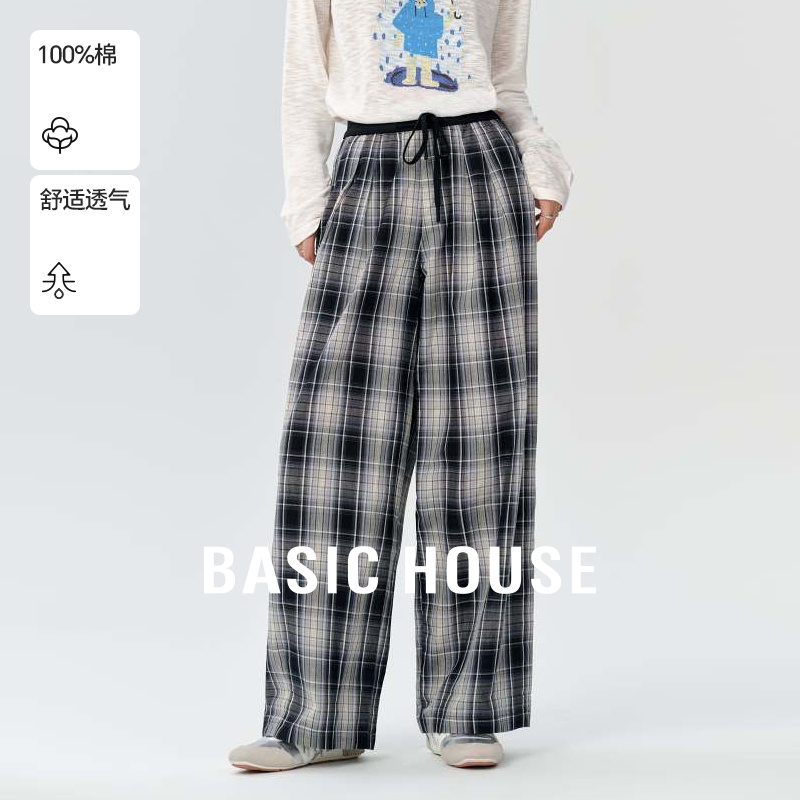 Basic House/百家好黑白撞色格纹阔腿裤夏秋新款抽绳收腰休闲长裤