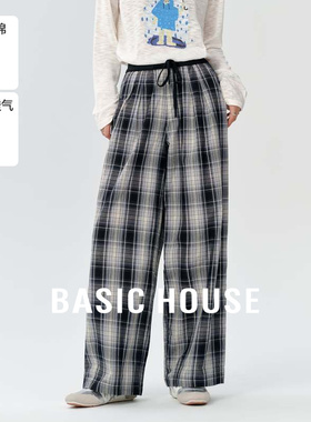 Basic House/百家好黑白撞色格纹阔腿裤夏秋新款抽绳收腰休闲长裤