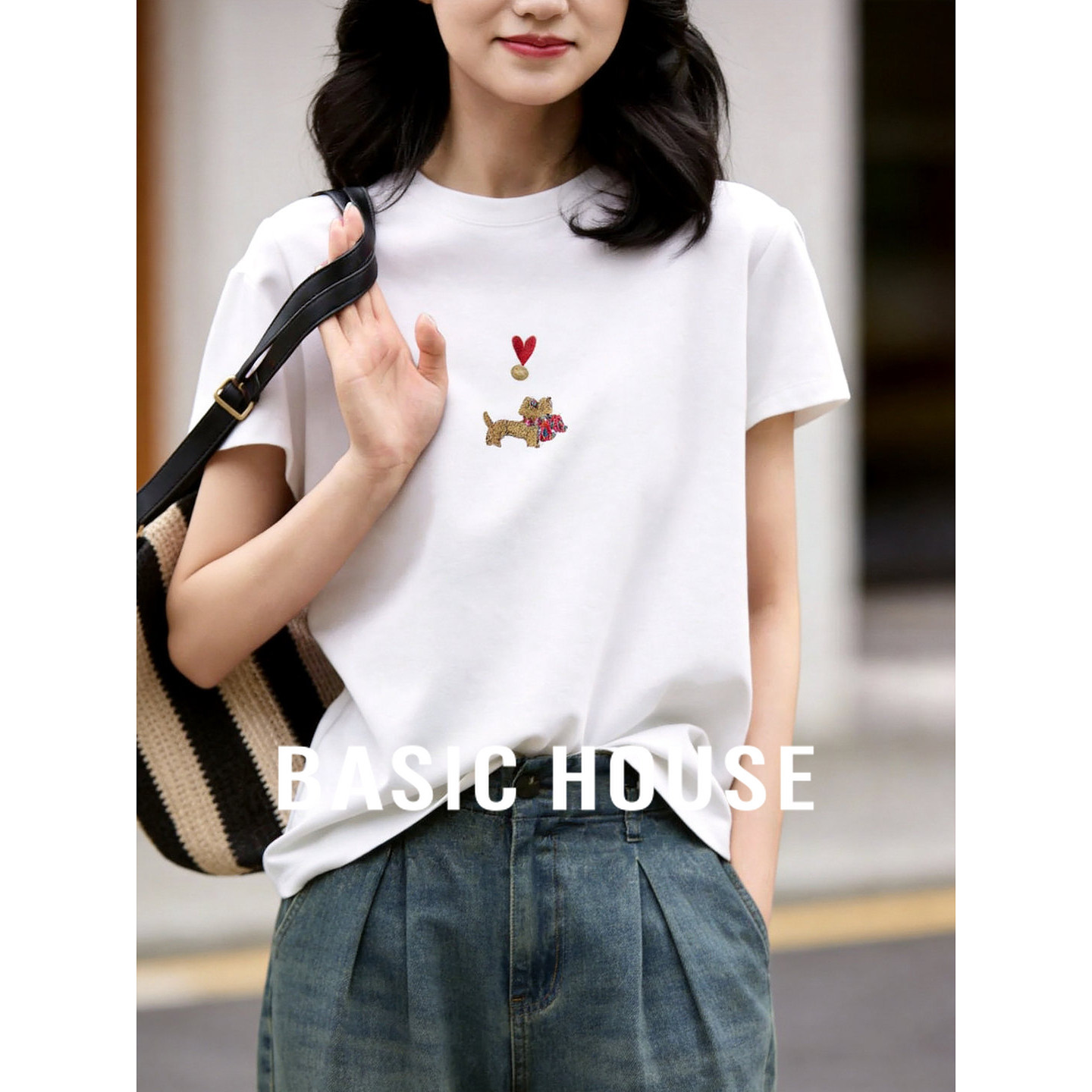 Basic House/百家好小狗刺绣套头T恤女2026夏新款棉宽松短袖上衣