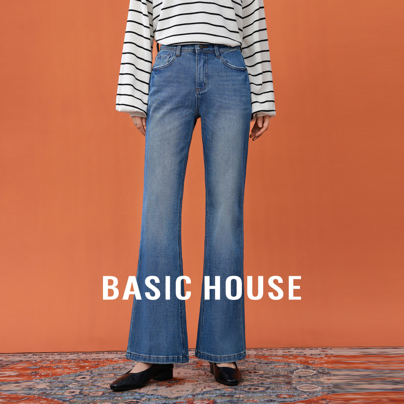 Basic House/百家好经典复古牛仔裤2025秋季高腰修身气质喇叭裤女