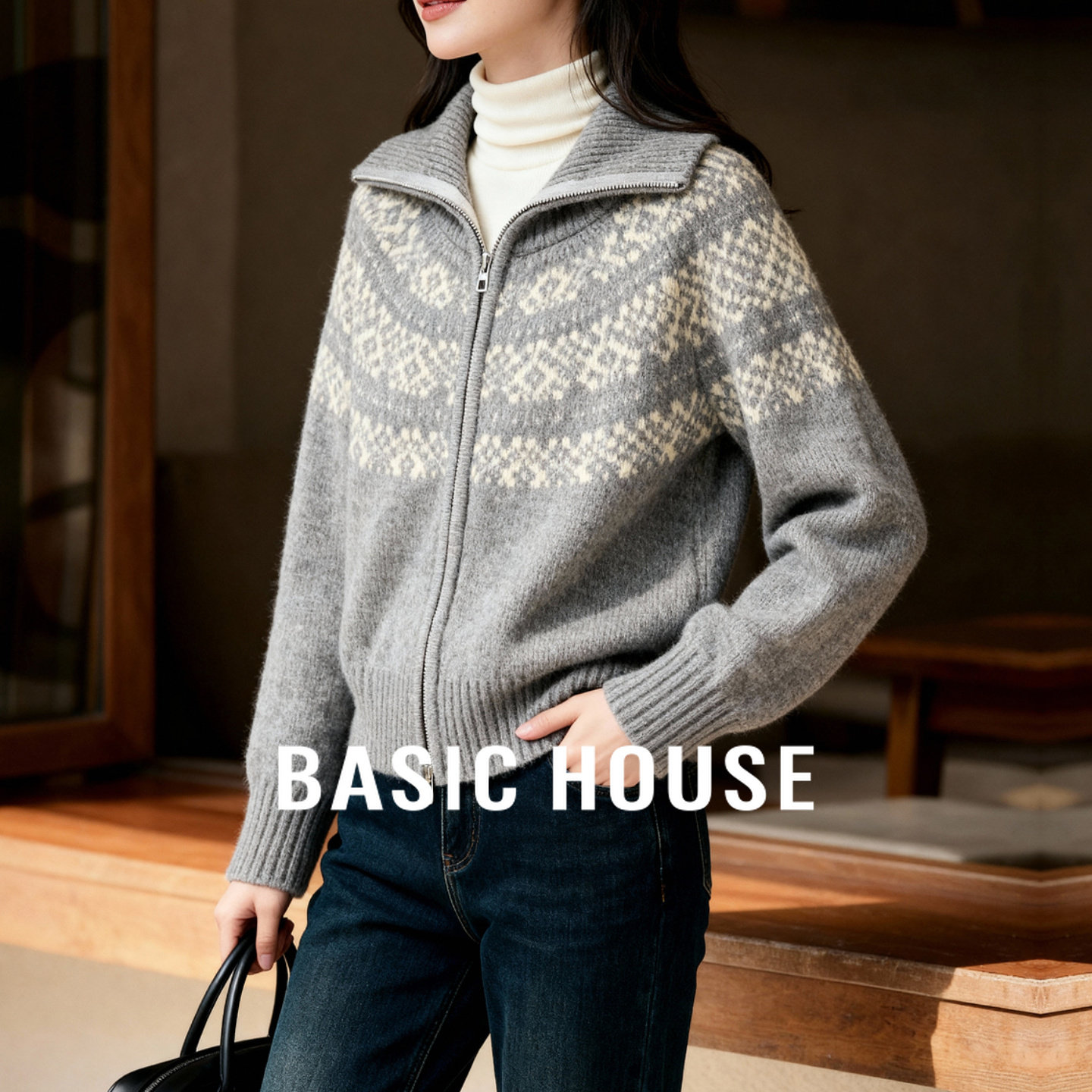 Basic House/百家好费尔岛毛衣开衫毛衣女慵懒复古加厚针织衫外套
