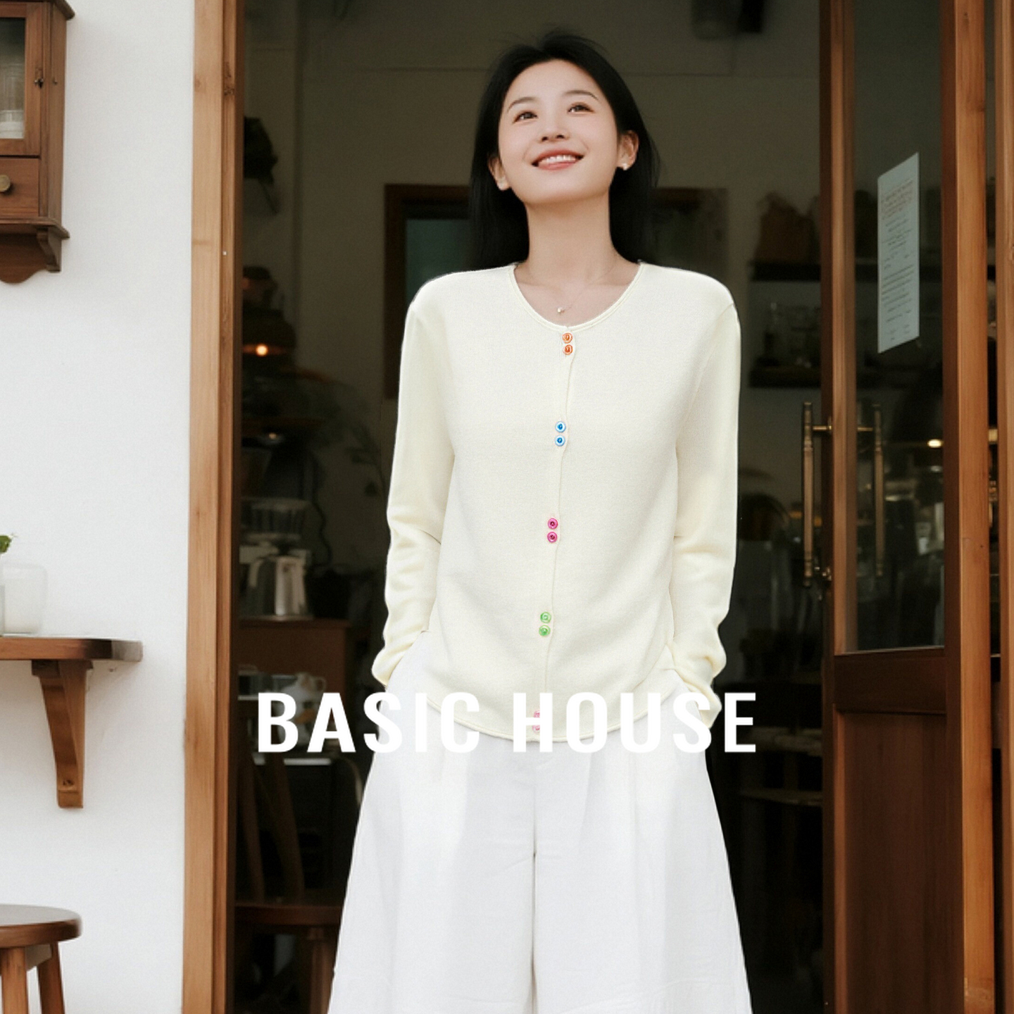 Basic House/百家好绵羊毛纯色针织开衫慵懒松弛感长袖上衣秋季女