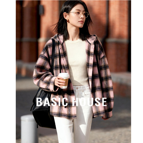 Basic House/百家好撞色格子外套女2026春新款连帽抽绳休闲上衣