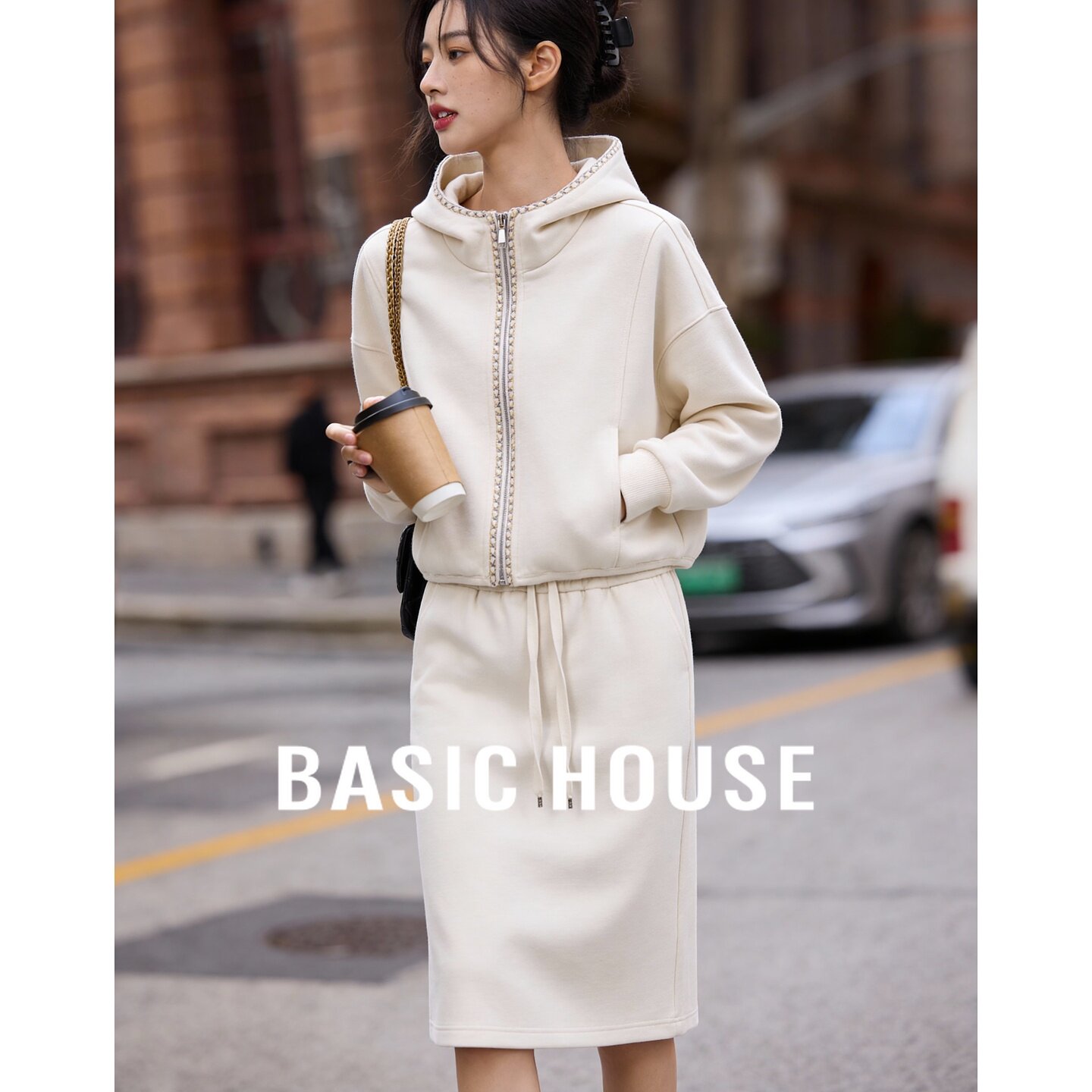 Basic House/百家好温柔氛围感套装女2026春连帽卫衣外套直筒半裙