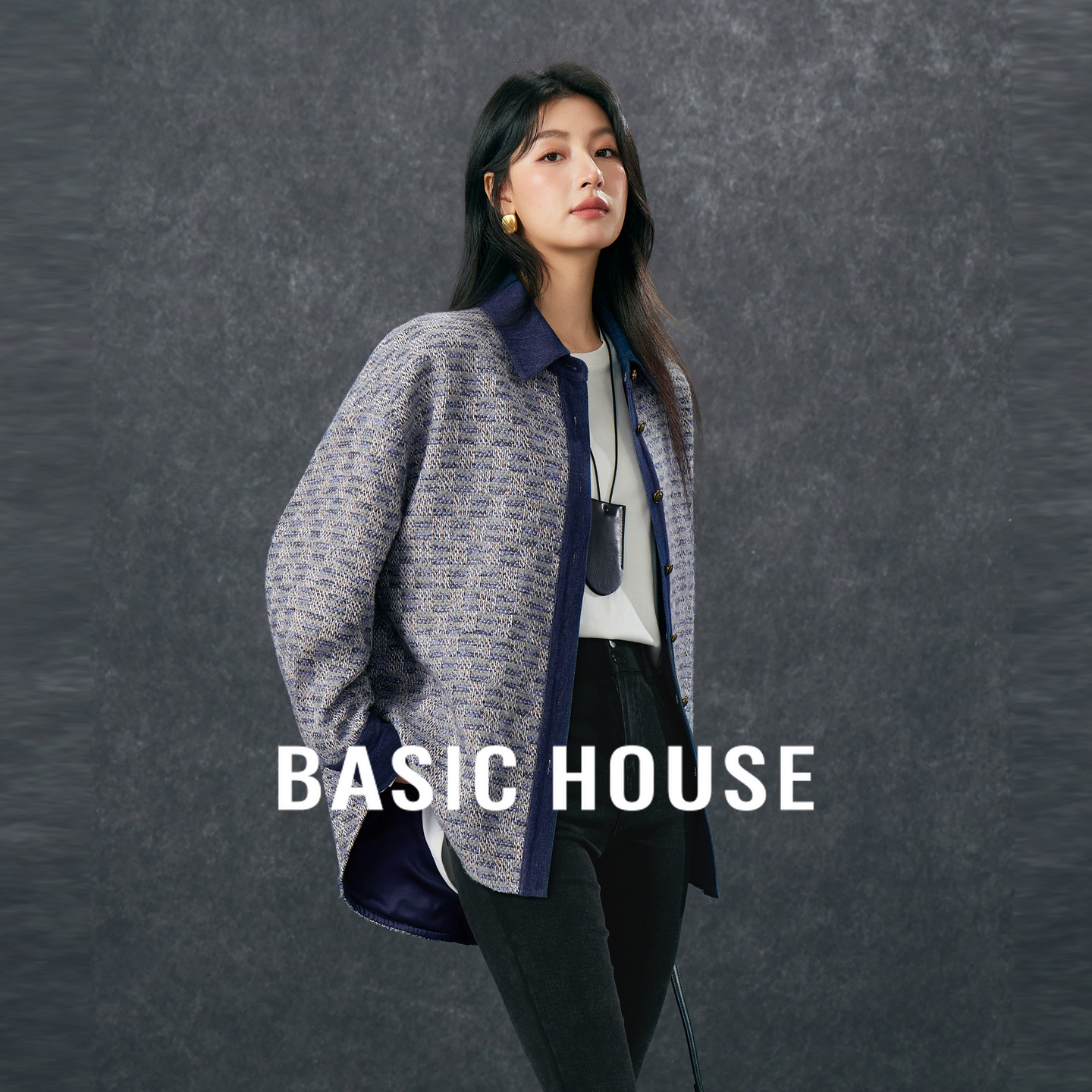 Basic House/百家好牛仔拼接小香风衬衫外套秋冬新款设计感上衣女