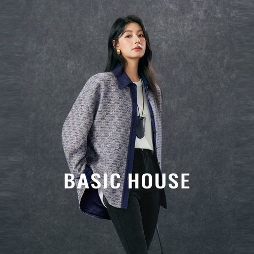 Basic House/百家好牛仔拼接小香风衬衫外套秋冬新款设计感上衣女