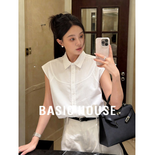 衬衫 百家好白色无袖 女夏设计感坎肩上衣宽松通勤衬衣 House Basic