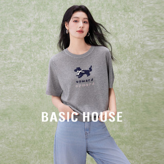 Basic House/百家好莱赛尔亚麻小狗针织衫女夏季薄款圆领短袖上衣