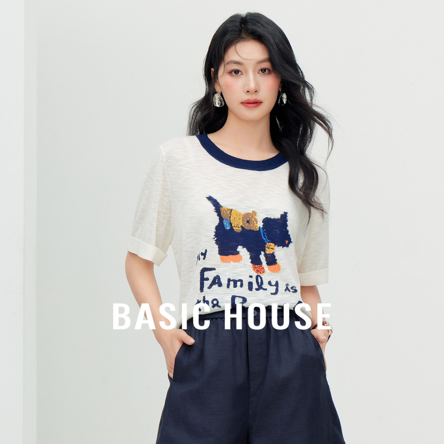 Basic House/百家好圆领短袖针织衫女款2026夏季新款休闲短款上衣