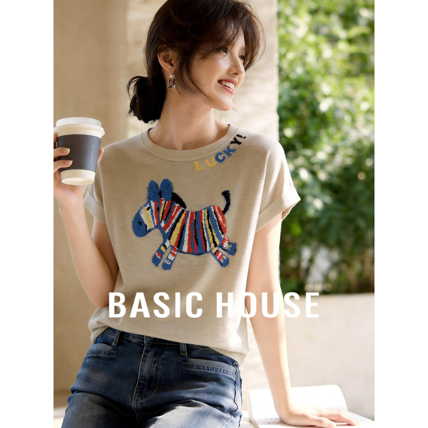Basic House/百家好圆领短袖针织衫女慵懒风夏季新款宽松罩衫上衣