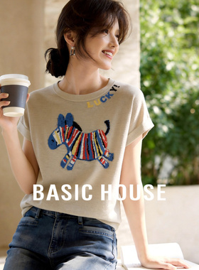 Basic House/百家好圆领短袖针织衫女慵懒风夏季新款宽松罩衫上衣