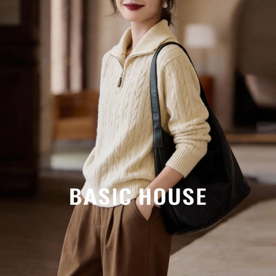 Basic House/百家好撞色假两件毛衣女春季新宽松绞花针织衫上衣
