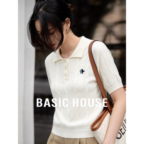 Basic House/百家好温柔风polo领针织衫夏季新款显瘦通勤短袖上衣