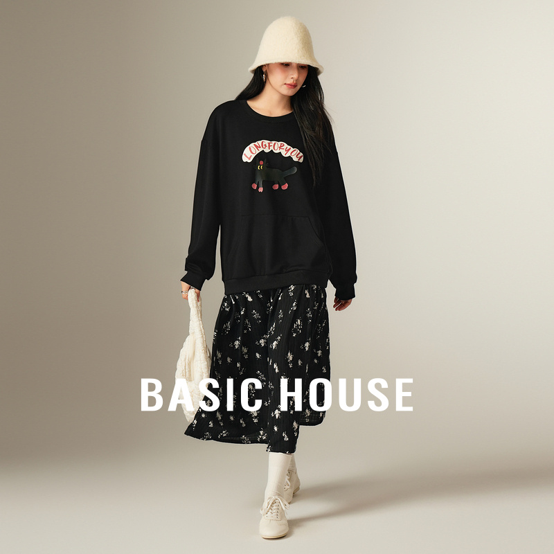Basic House/百家好2025秋冬新款假两件设计感拼接长袖碎花连衣裙