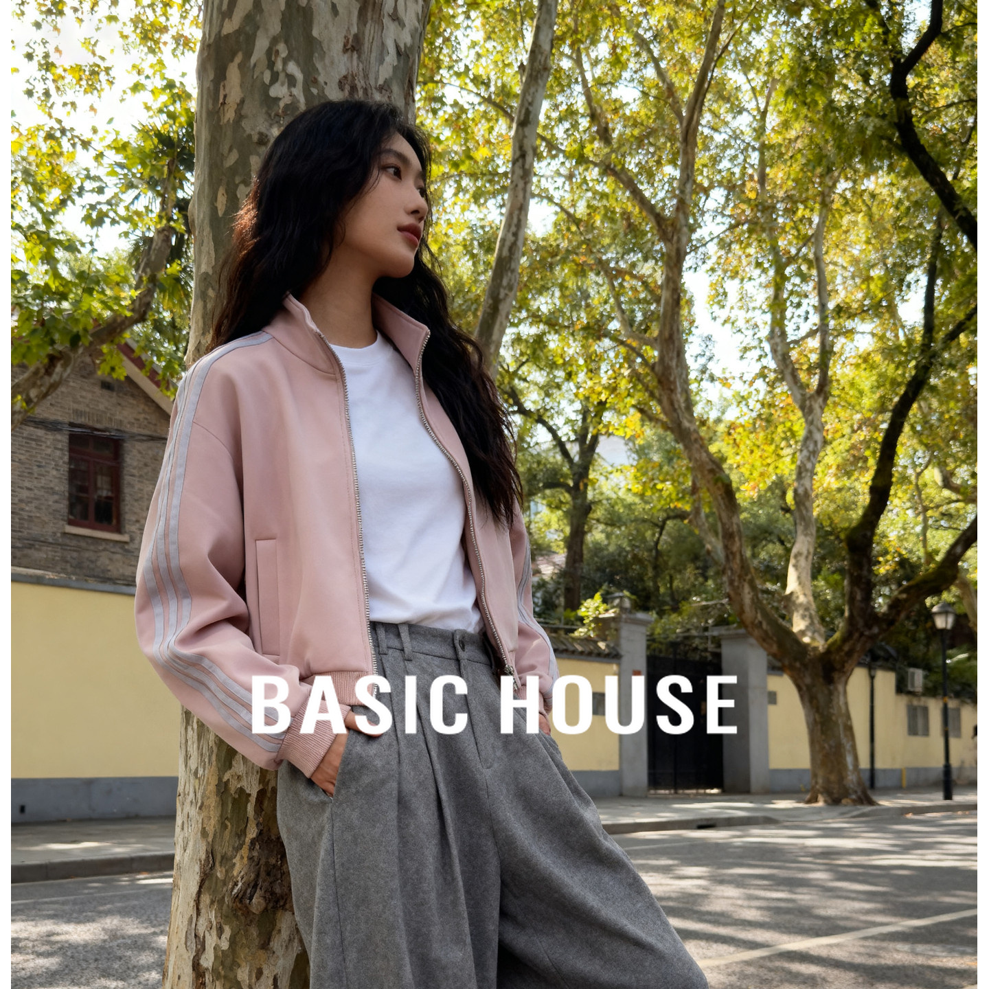 Basic House/百家好2025秋季高领简约休闲运动风长袖拉链短外套女