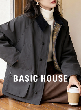 Basic House/百家好黑色翻领拼接工装夹克女冬中长款加绒棉衣外套