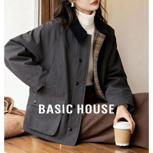 夹克女冬中长款 百家好黑色翻领拼接工装 加绒棉衣外套 House Basic
