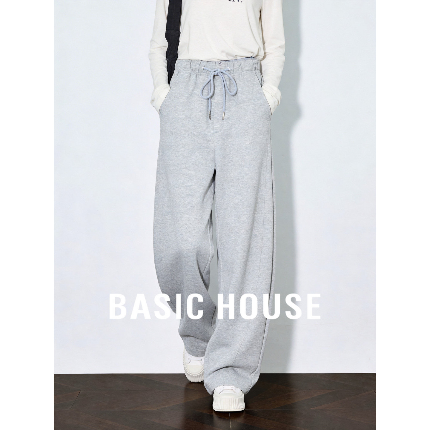 Basic House/百家好灰色阔腿休闲裤女春季新款休闲运动弯刀卫裤