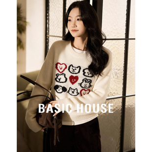 百家卡通刺绣绵羊毛针织衫上衣女士冬季新款保暖减龄冬装白色毛衣