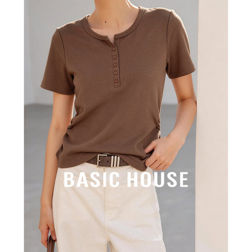 Basic House/百家好铜氨丝正肩T恤女26夏季收腰显瘦休闲短袖上衣