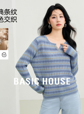 Basic House/百家好航海系复古镂空针织衫秋新款设计感宽松上衣