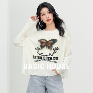 复古牛仔蝴蝶T恤夏流行圆领拉毛宽松上衣 百家好美式 Basic House