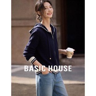 撞色边学院风宽松显瘦拉链外套 新款 百家好藏青连帽针织开衫 女春季