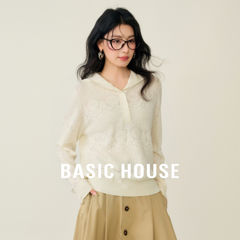Basic House/百家好提花刺绣连帽针织衫女新款宽松套头绵羊毛上衣