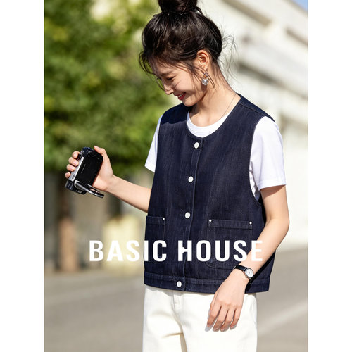 Basic House/百家好简约牛仔马甲女夏季圆领无袖叠穿修身显瘦马夹