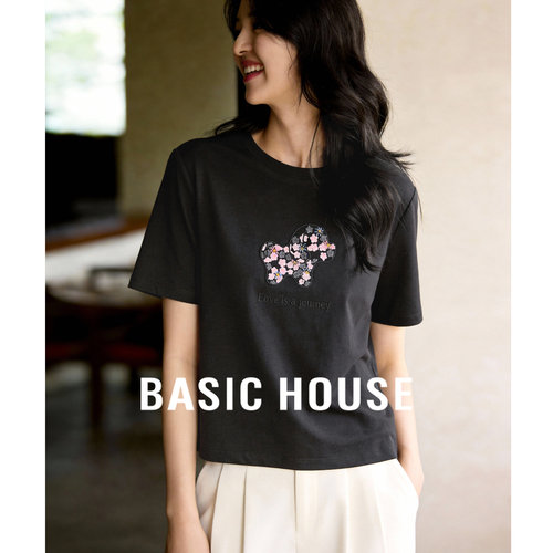 Basic House/百家好花朵刺绣圆领短袖T恤女春季新款宽松显瘦上衣