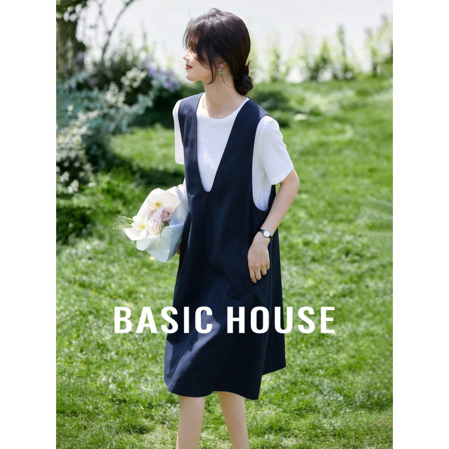 Basic House/百家好休闲拼接宽松工装减龄夏新款时尚套装女两件套