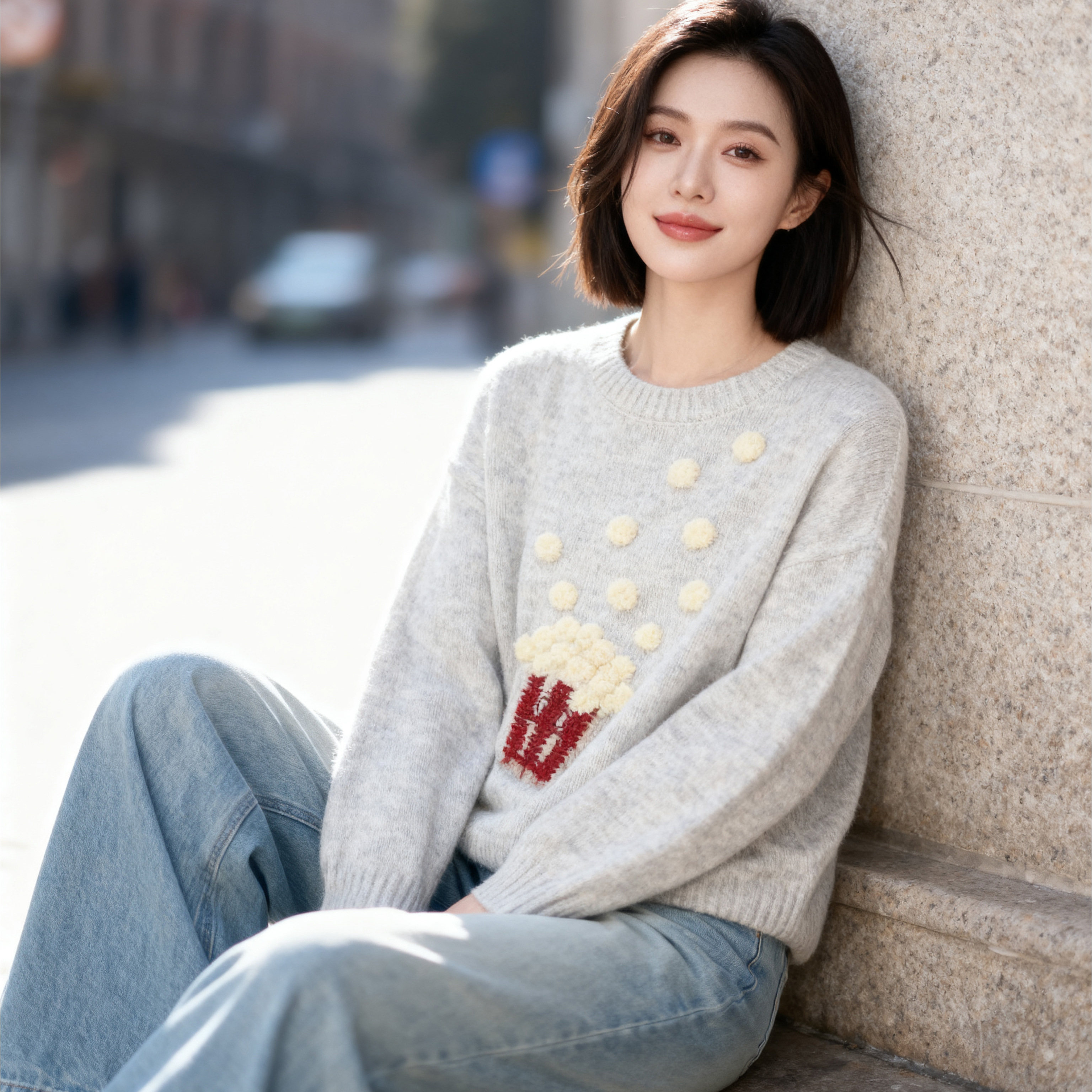 百家好可爱刺绣毛衣女秋冬2025新款高级感针织宽松慵懒风圆领上衣