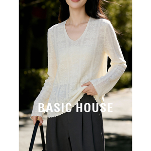 Basic House/百家好纯色绵羊毛桑蚕丝针织衫女冬季新款百搭打底衫