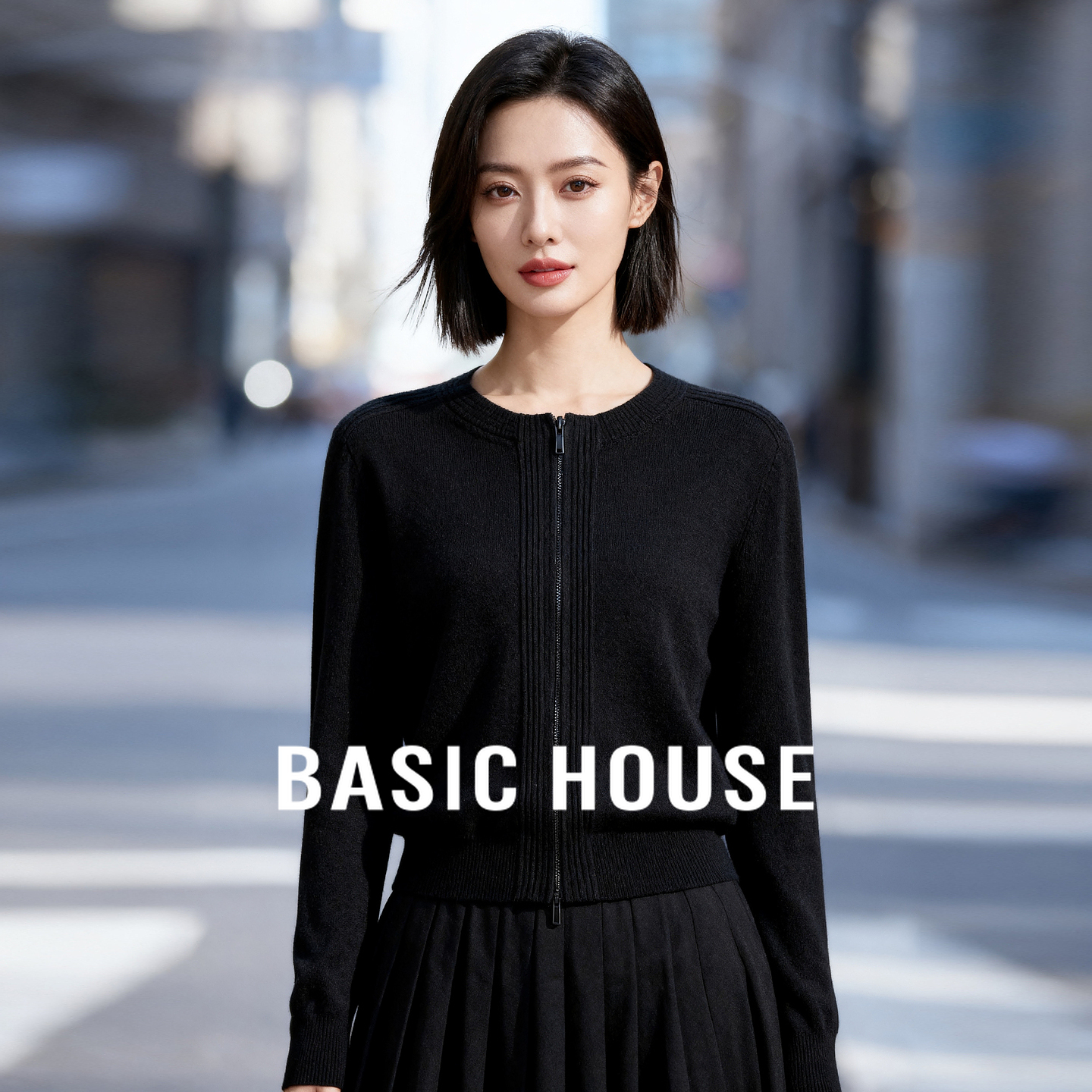 Basic House/百家好韩系简约双拉链头高级感休闲针织毛衣外套女