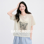 Basic 流行轻薄圆领套头上衣 夏季 House 百家好蝴蝶图案撞色针织衫