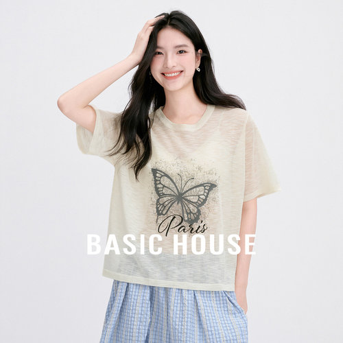 Basic House/百家好白色针织衫女春夏季新款蝴蝶印花圆领短袖上衣