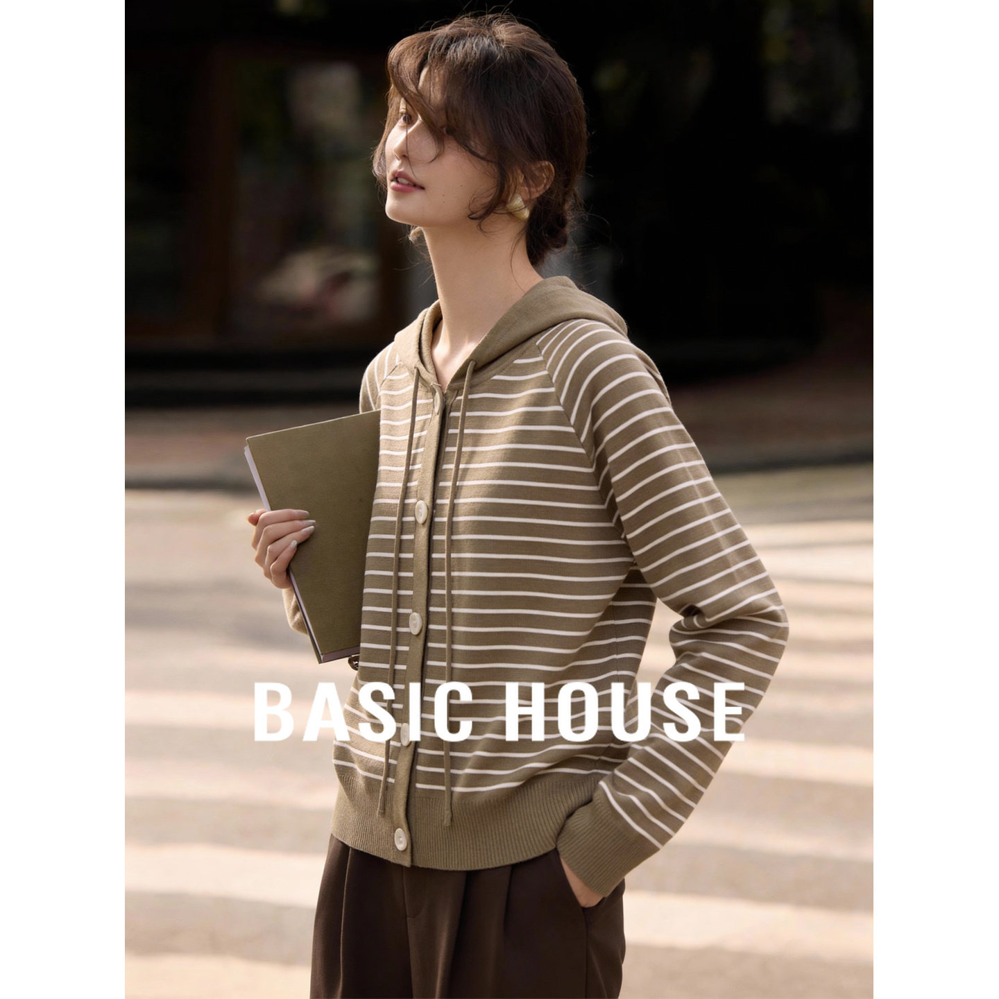 百家好连帽条纹毛衣开衫女士春季2026新款高级感保暖百搭设计上衣