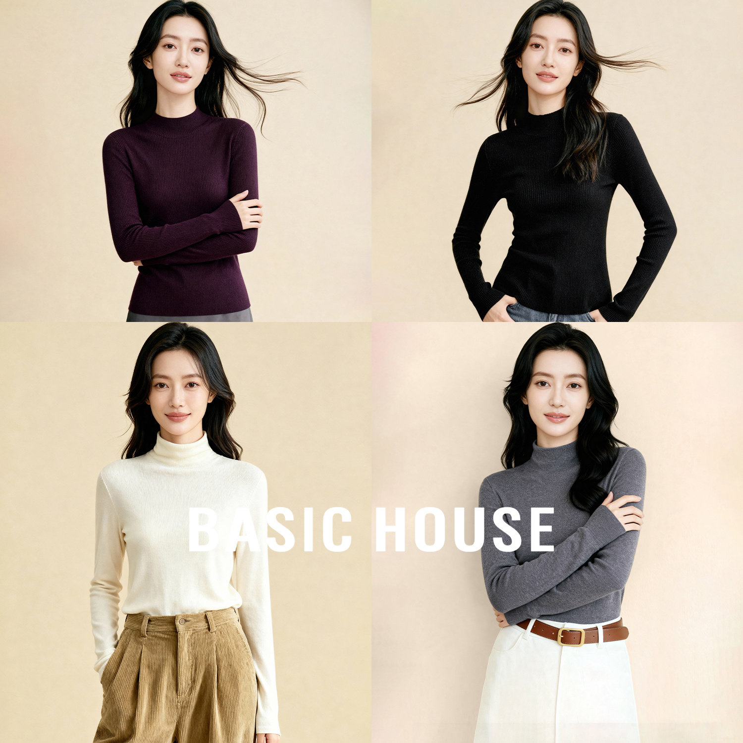 Basic House/百家好绵羊毛针织衫女秋冬灰色修身半高领内搭打底衫