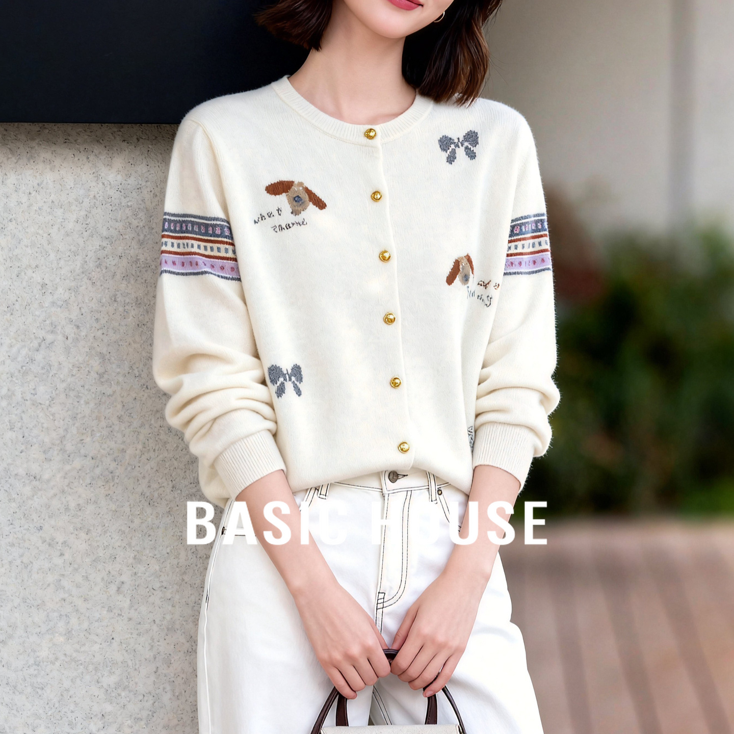 Basic House/百家好简约刺绣针织衫25秋冬宽松圆领单排扣针织开衫