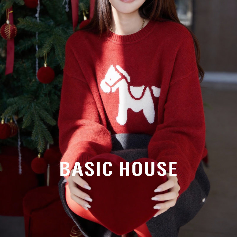 百家好马年刺绣冬装红色毛衣女士冬季新款本命年氛围感针织衫上衣